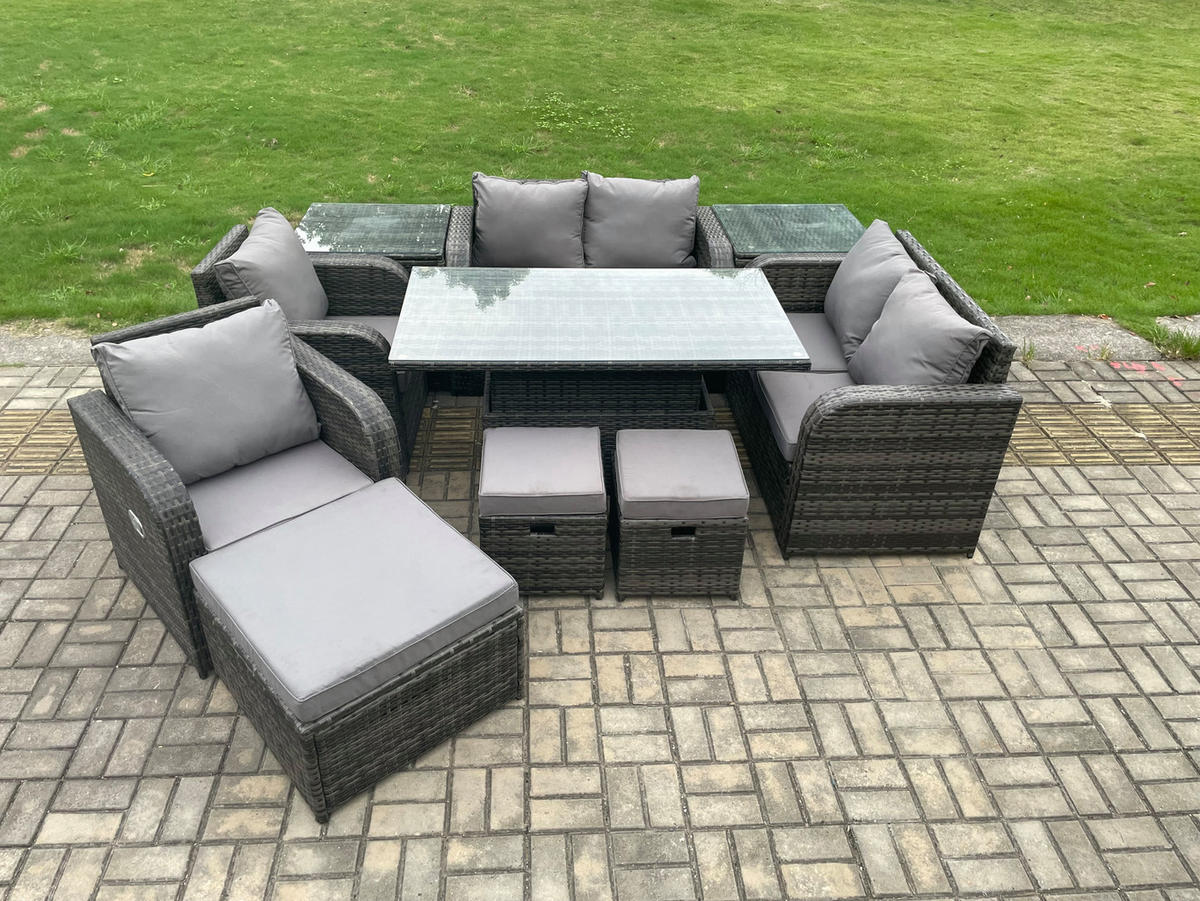 GARTENSOFA SET Polyrattan Dunkelgrau 9-Sitzer - Dunkelgrau/Grau, Metall - Fimous