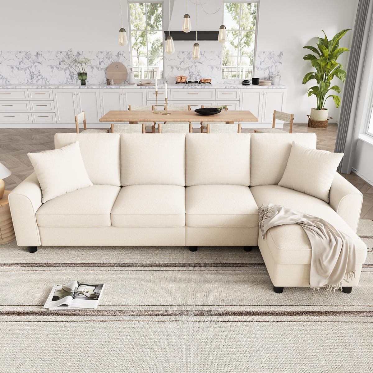4-SITZER ECKSOFA Chenille Beige mit Stauraum und Getränkehaltern - Beige, Holzwerkstoff/Kunststoff (280/136cm) - WISHDOR