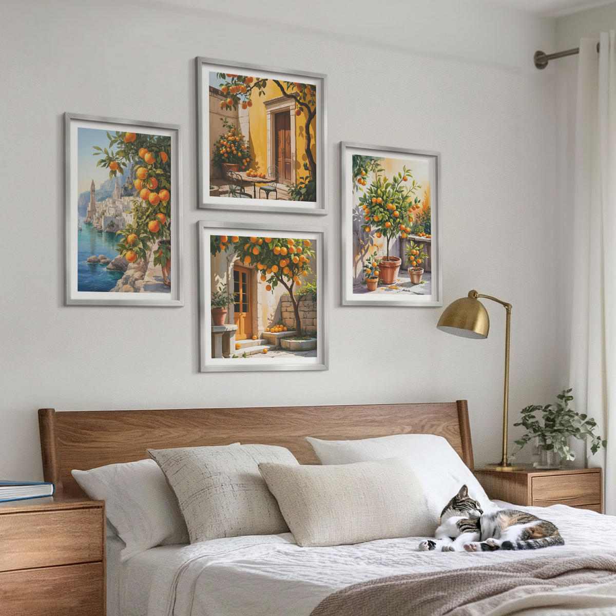 BILDER SET 4er Set - 50x50 cm & 40x60 cm Silberner Rahmen - Gemalte Zitruslandschaften - Silberfarben, Kunststoff (50/50cm) - TULUP