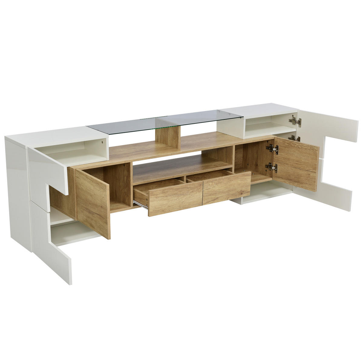 TV Lowboard LED 200x30x60,7 cm, 6 Türen, 2 Schubladen, Weiß - Weiß, Holz (200/60/30cm)