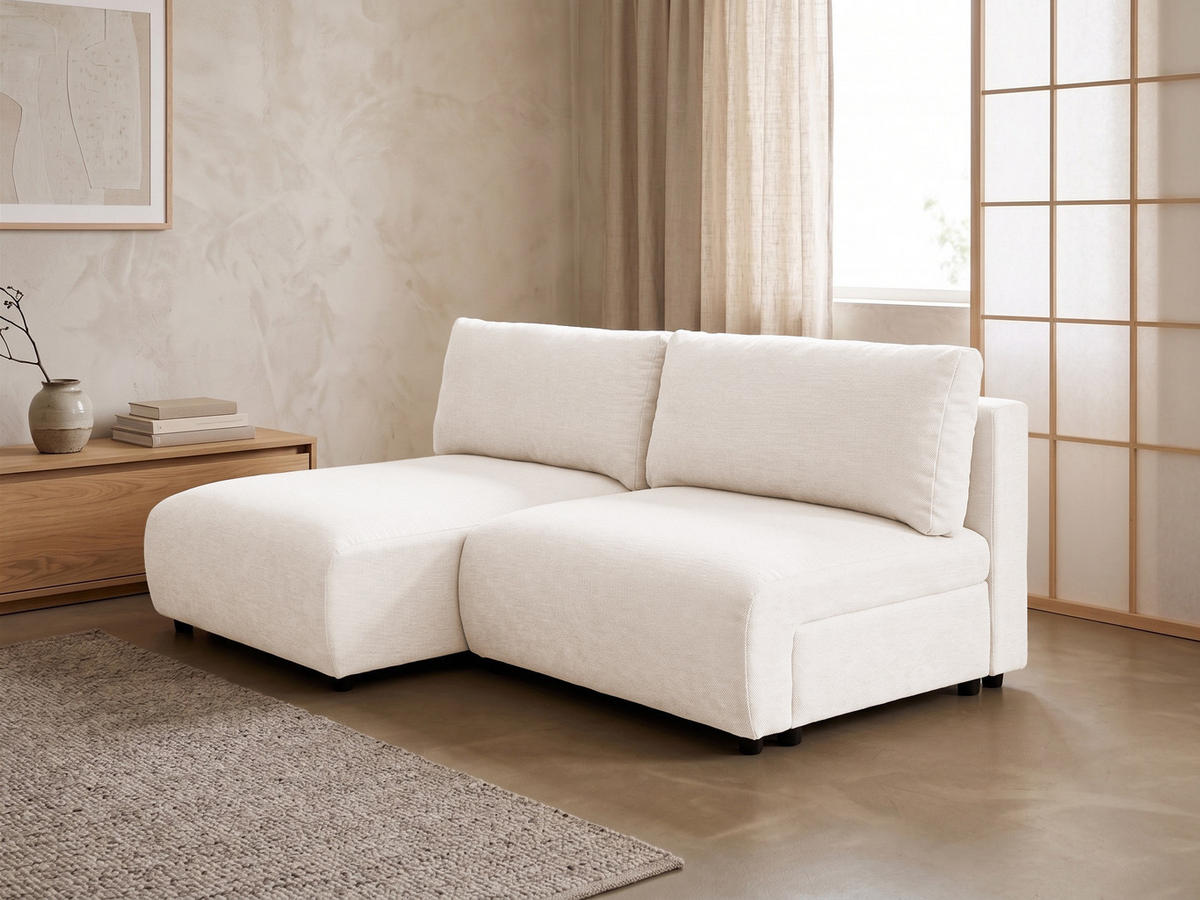 ECKSOFA Sora mit Schlaffunktion, Bettkasten und extra tiefer Komfortzone aus hochwertigem Creme Strukturstoff - Creme/Schwarz, Holz/Kunststoff (140/200cm) - S-Style