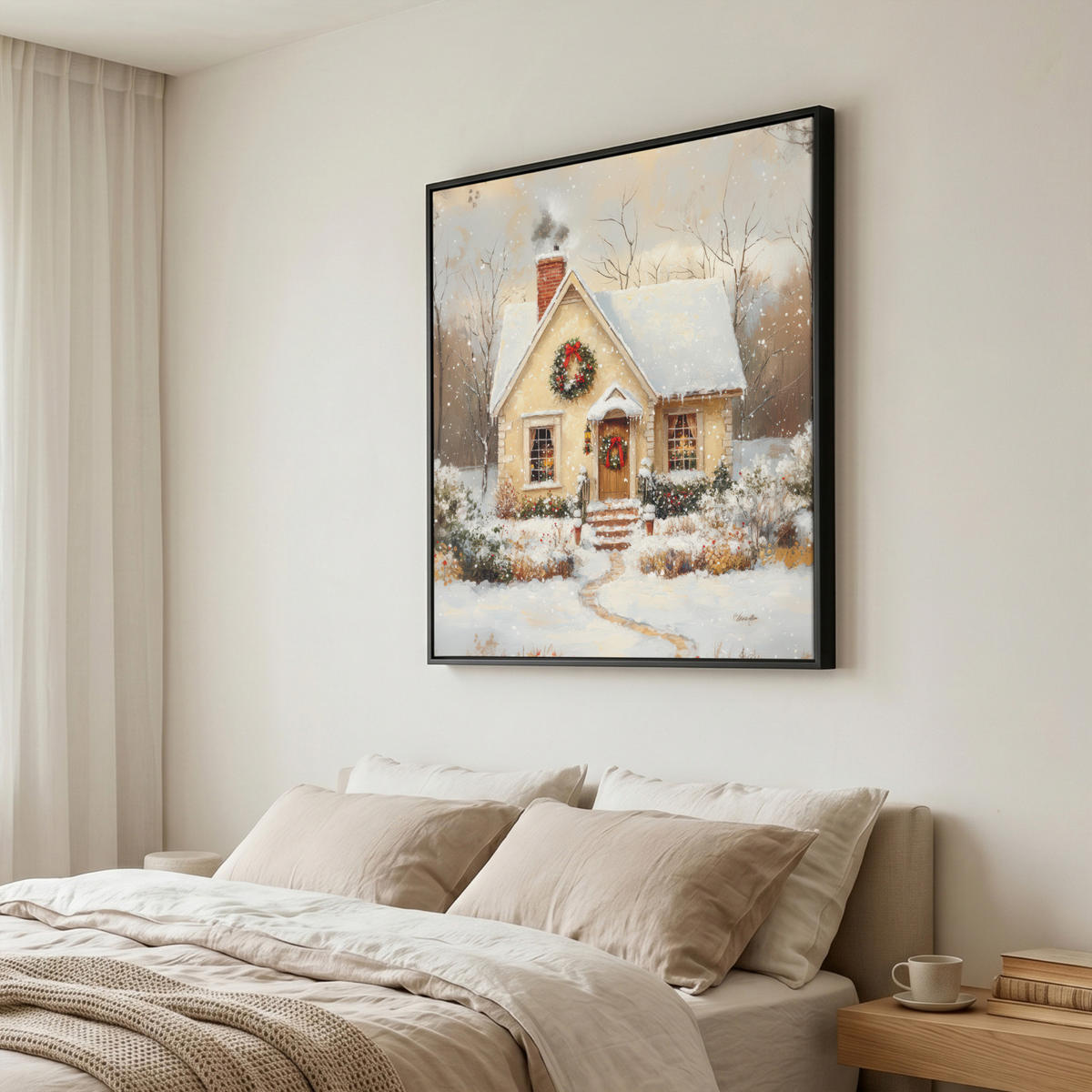 LEINWAND Bilder mit Rahmen - Weihnachten - Zuhause - Winter - Schnee - 90x90 - Creme, Textil (90/90cm) - MuchoWow