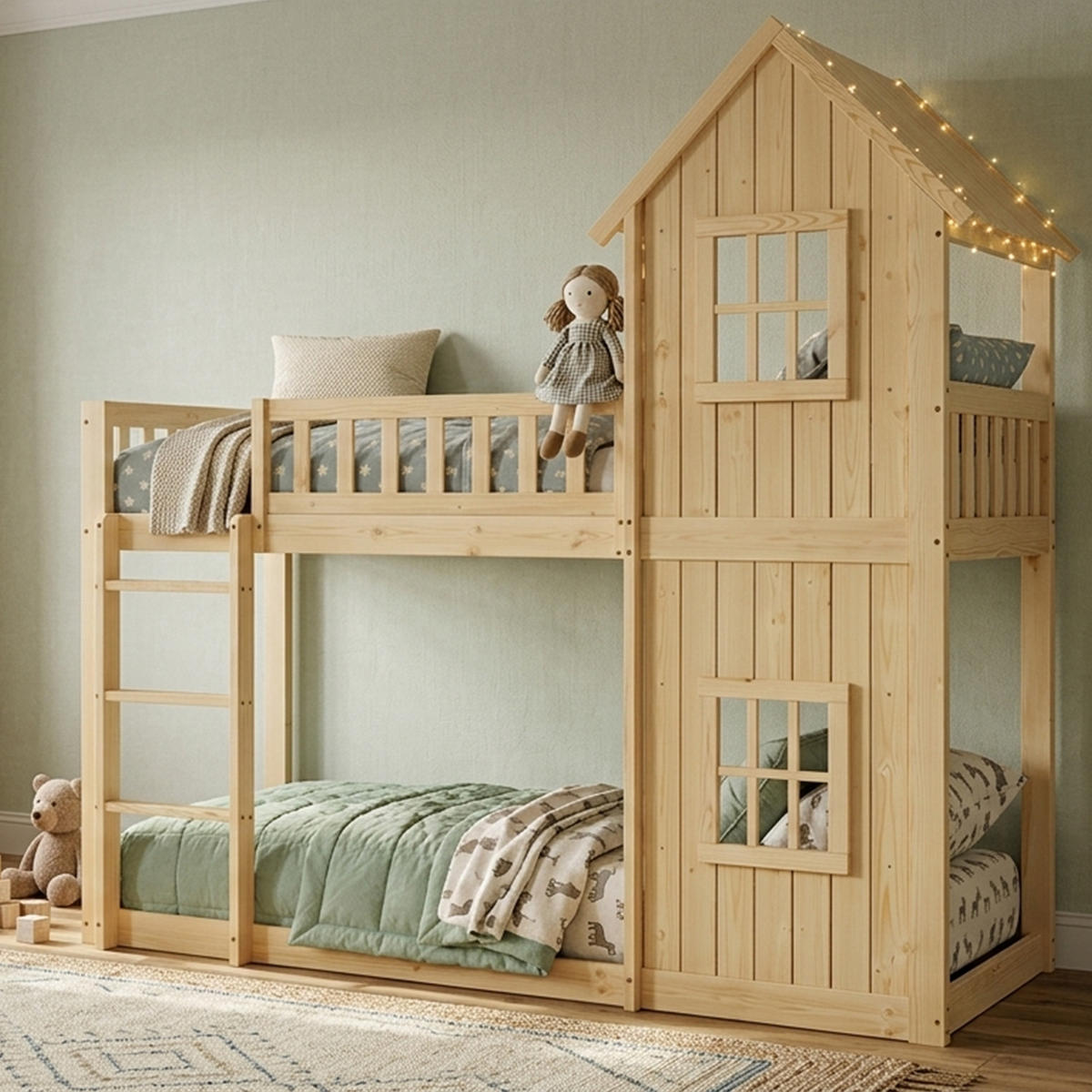 ETAGENBETT 90/200 cm in Natur mit Hausform, Fenstern und Treppe - Naturfarben, Holz/Holzwerkstoff (90/200cm) - WISHDOR