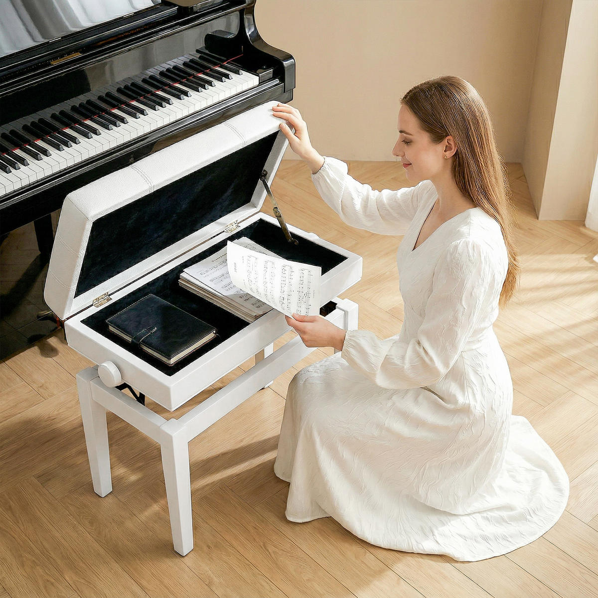 HOCKER DE-16462 höhenverstellbar mit integriertem Fach Weiß - Weiß, Leder (35/56/63cm) - ComfortXL