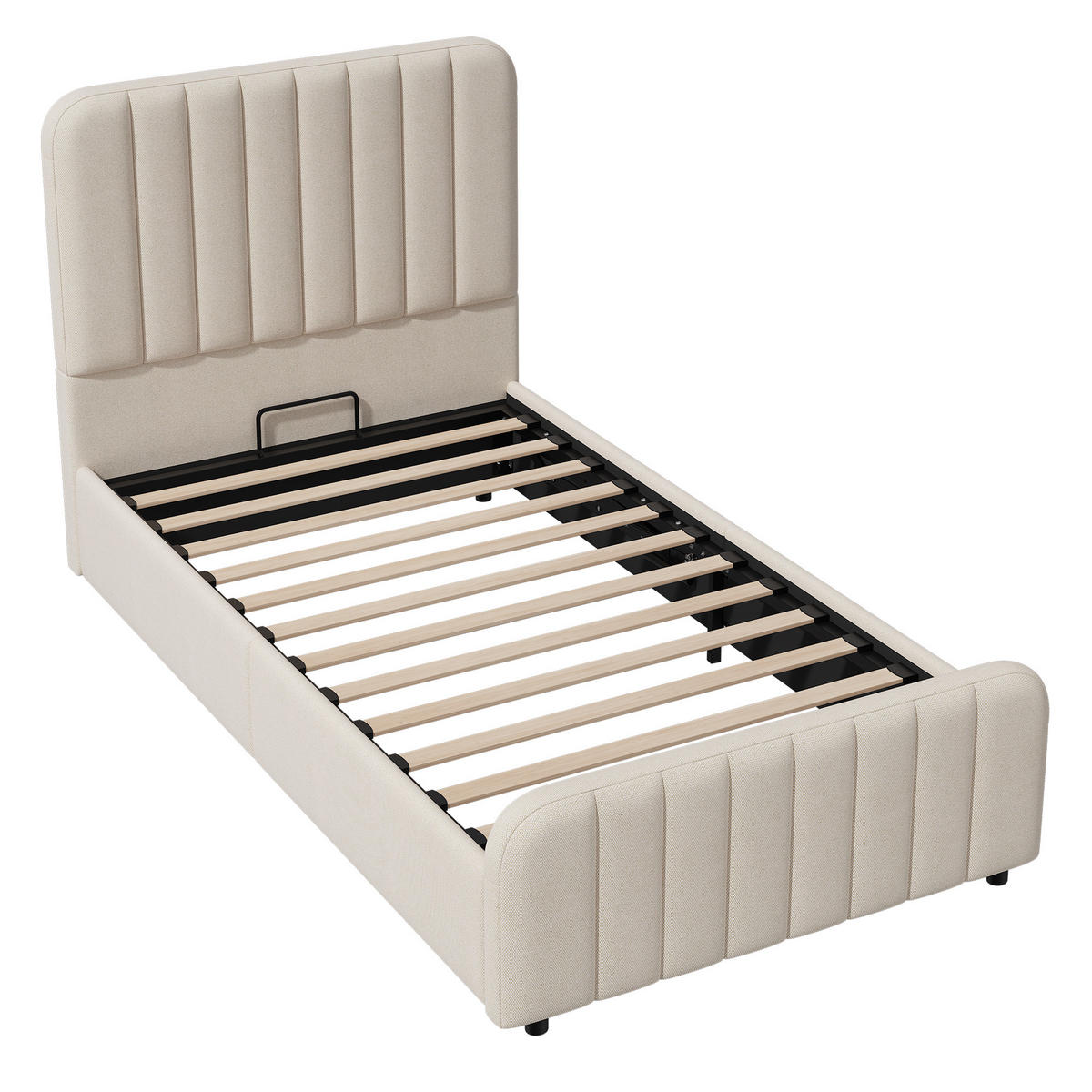 POLSTERBETT 90/200 cm in Beige mit Bettkasten, hydraulischer Hebefunktion, gepolstertem Kopfteil aus Leinen - Beige, Holzwerkstoff/Textil - STILVORA