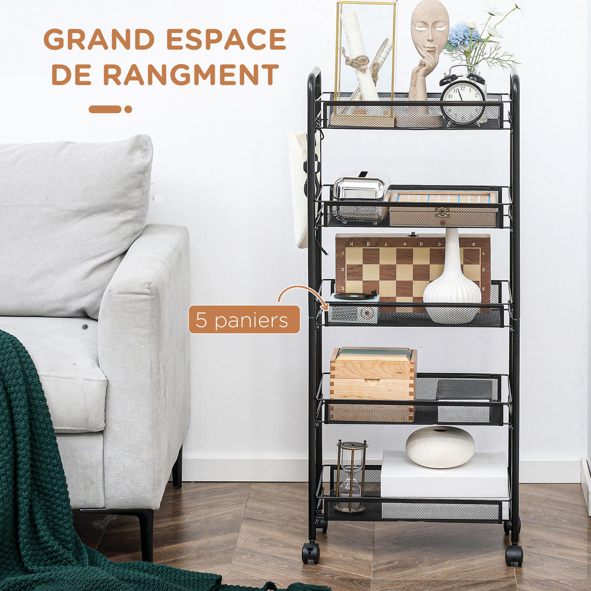SERVIERWAGEN DE-12395 5 abnehmbare Körbe mit 4 Haken 45/26,5/106 cm Silber - Schwarz, Metall (26.5/106/45cm) - ComfortXL