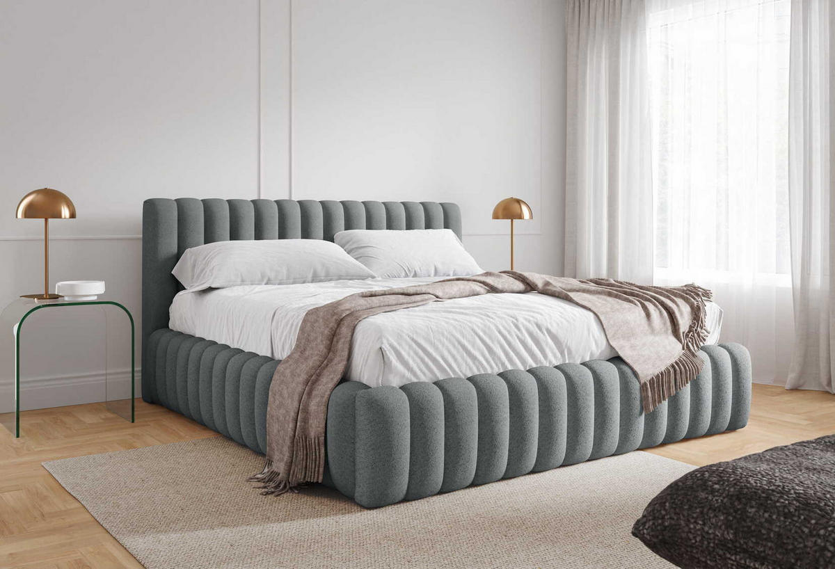 DOPPELBETT Bouclé 140x200 Livia mit Mettalllattenrost, Bettkasten, Hellgrau - Hellgrau, Holz/Textil (140/200cm) - Emporius