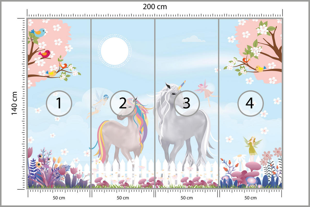 FOTOTAPETE für Kinderzimmer Einhörner Wiese Vögel Bäume Blumen 200x140 - Multicolor, Papier (200/140cm) - Muralo