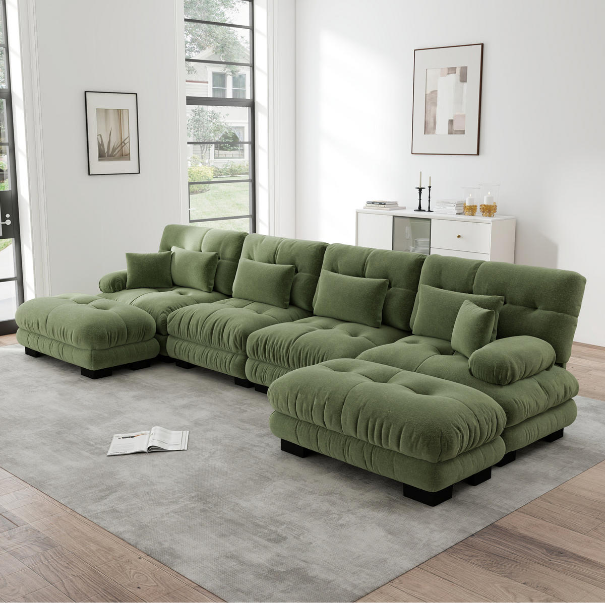 WOHNLANDSCHAFT aus Chenille in Grün mit modularem Design & beweglichen Ottomans - Grün, Textil (145/81/406cm) - Modfu