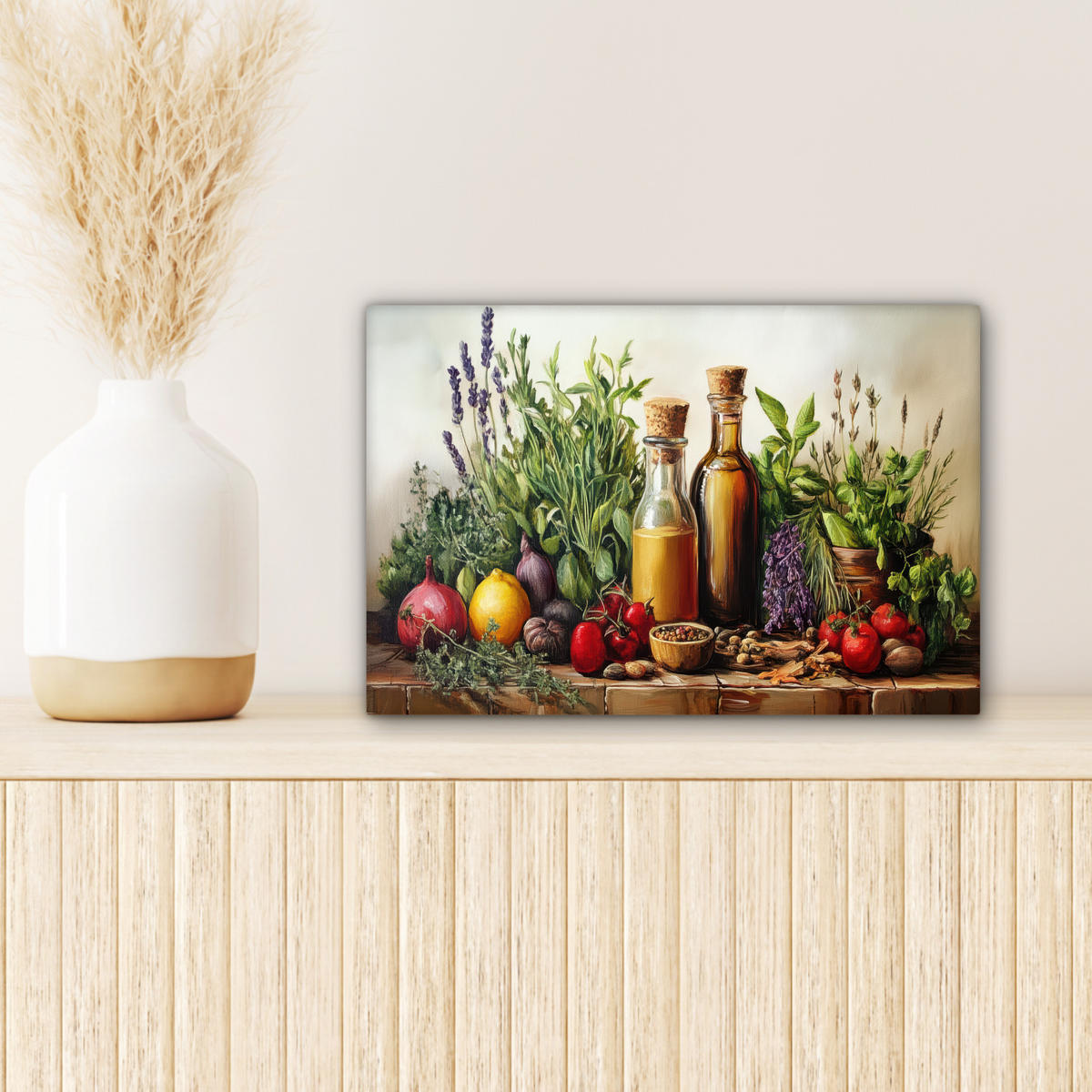 LEINWANDBILD Stilleben - Kräuter - Gewürze - Früchte - Farbenfroh Deko Schlafzimmer 30x20 cm - Grün, Textil (30/20cm) - MuchoWow