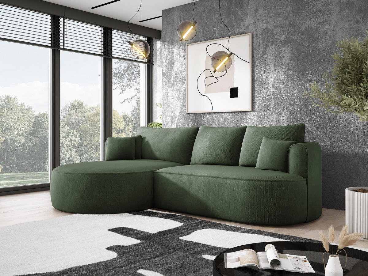 ECKSOFA FIORE-L Moderne Ausziehbare Schlaf-Funktion, automatischer Auffaltung, lose Rückenkissen freistehend LINKS 284x183x82 cm Forest green - Waldgrün, Holz/Textil (183/284cm) - DomoHome