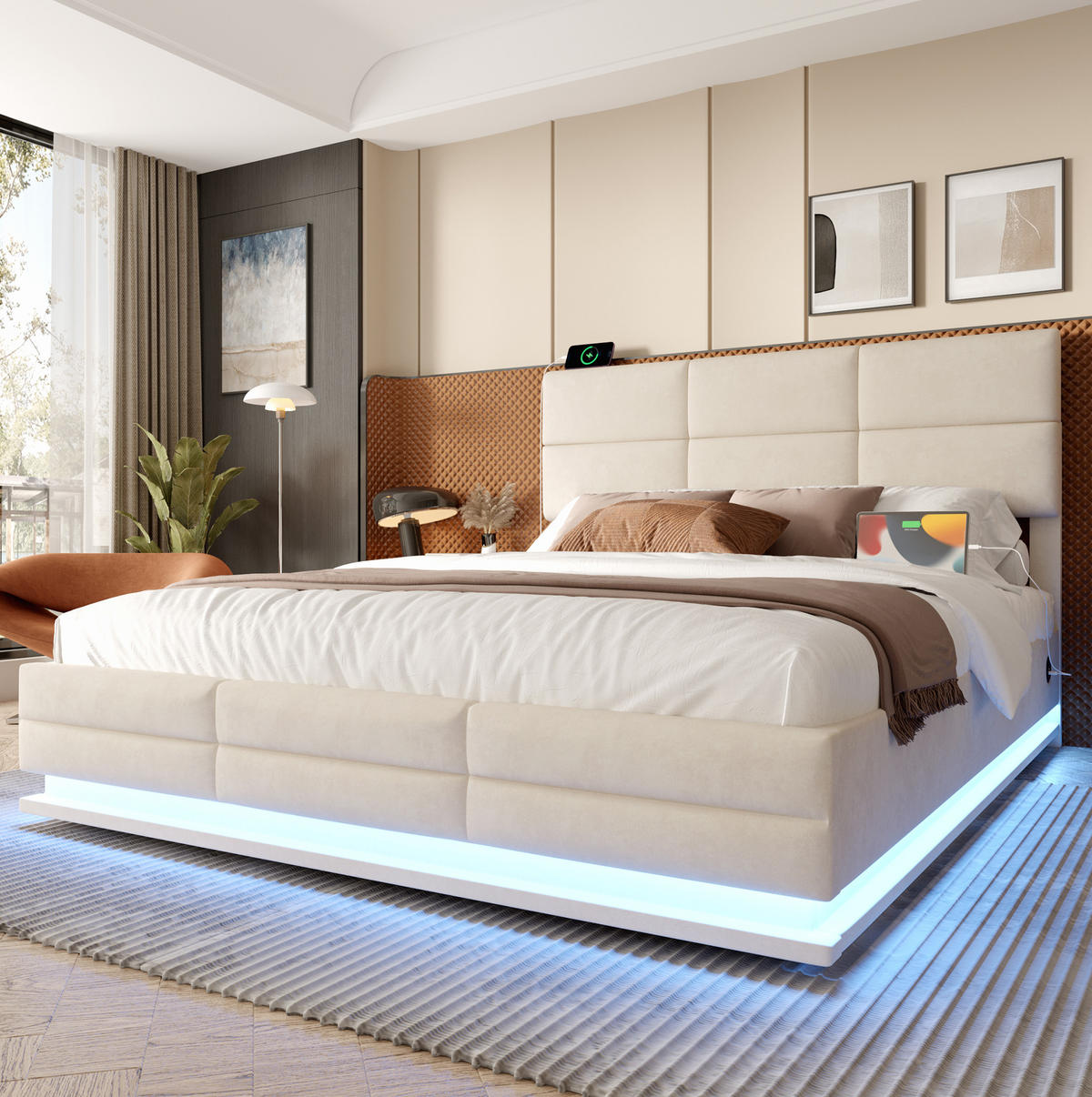 BETT mit Stauraum 140x200 cm Samt Beige - Beige, Metall (140/200cm) - Meubliv