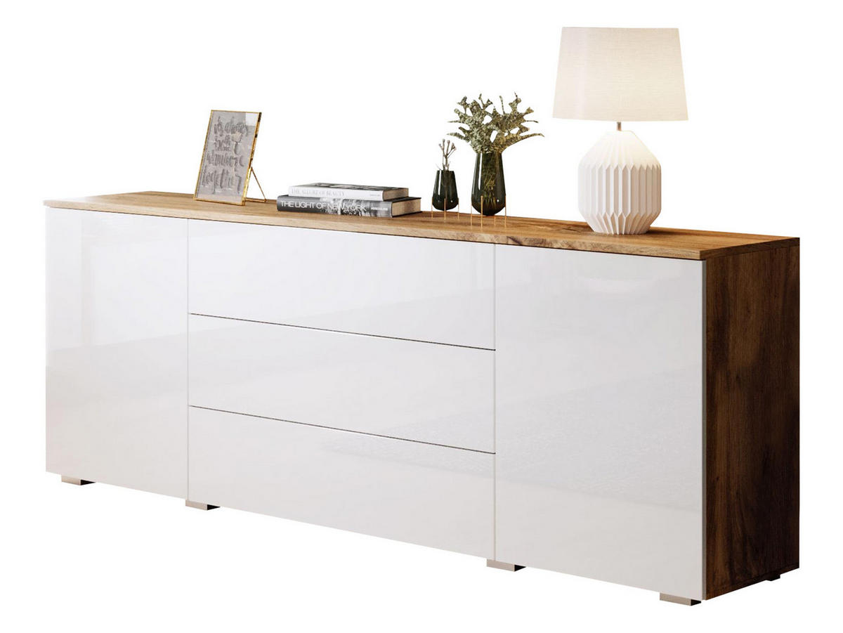 KOMMODE Paris 150 - Weiß Hochglanz/Eiche Wotan, Holzwerkstoff (150/68/39cm) - MIRJAN24