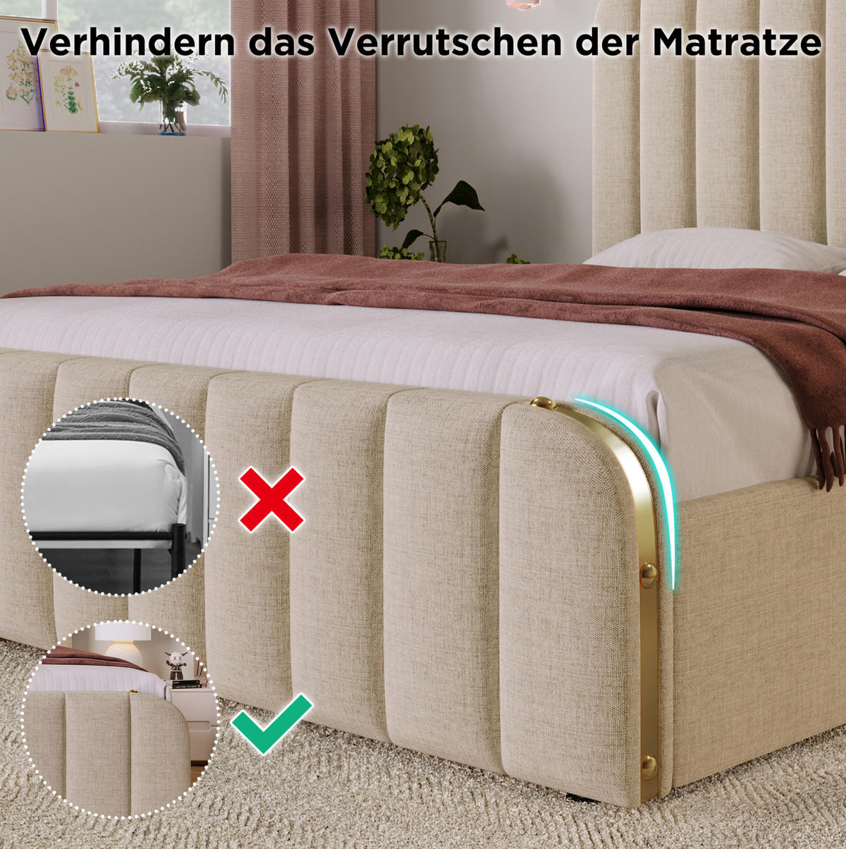 POLSTERBETT 90/200 cm Beige mit 4 Schubladen und USB- und Type-C-Anschlüssen - Beige, Textil (90/200cm) - Flora Grace