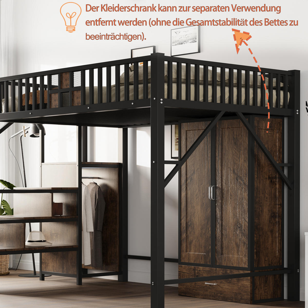 HOCHBETT 140/200 cm Schwarz mit großem Kleiderschrank und Schubladen - Schwarz, Metall (140/200cm) - OKWISH