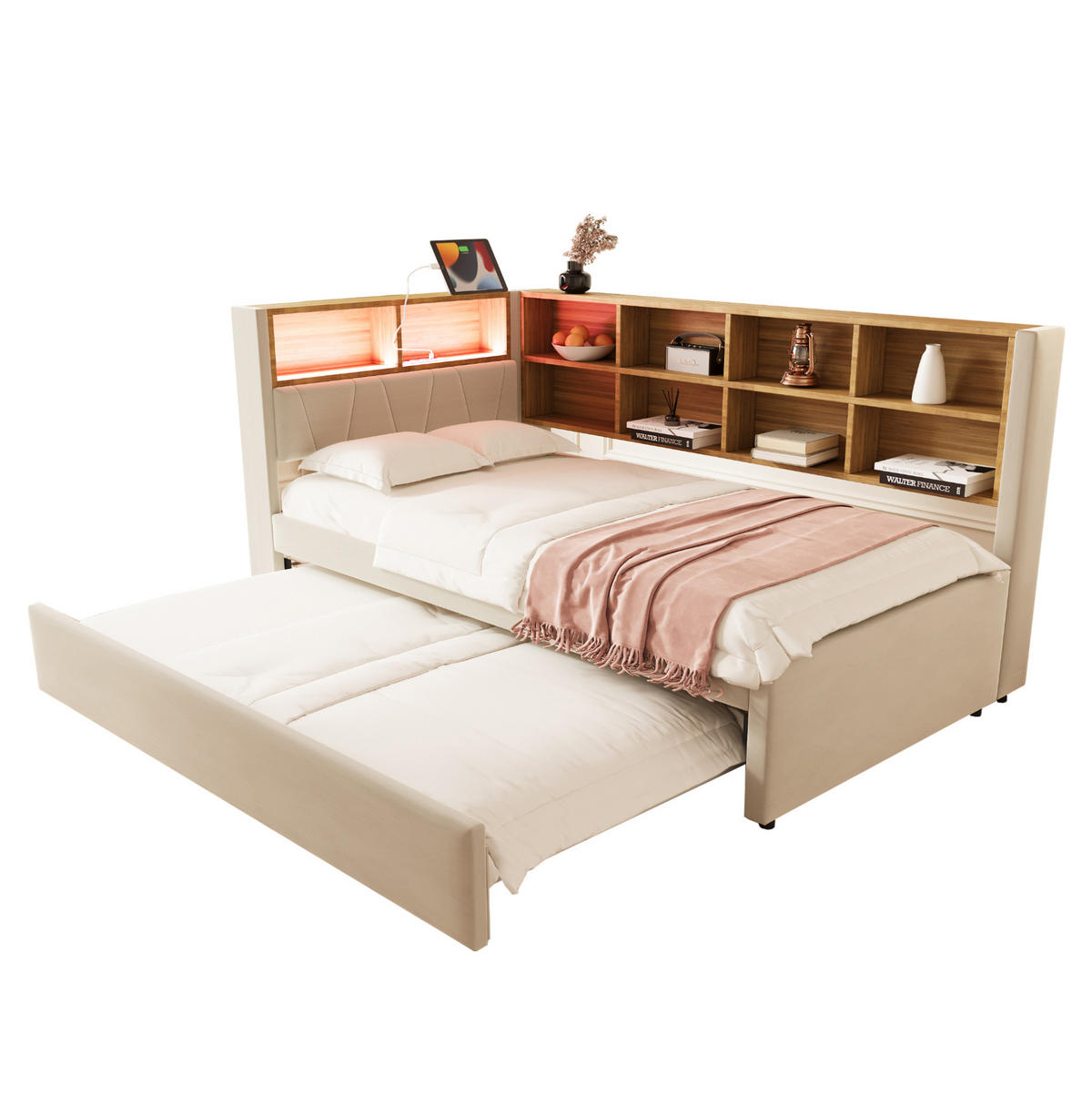 BETT 90/200 cm mit Ausziehbett, LED, Stauraum und Ladeanschlüssen - Beige, Textil (90/200cm) - BEAOK