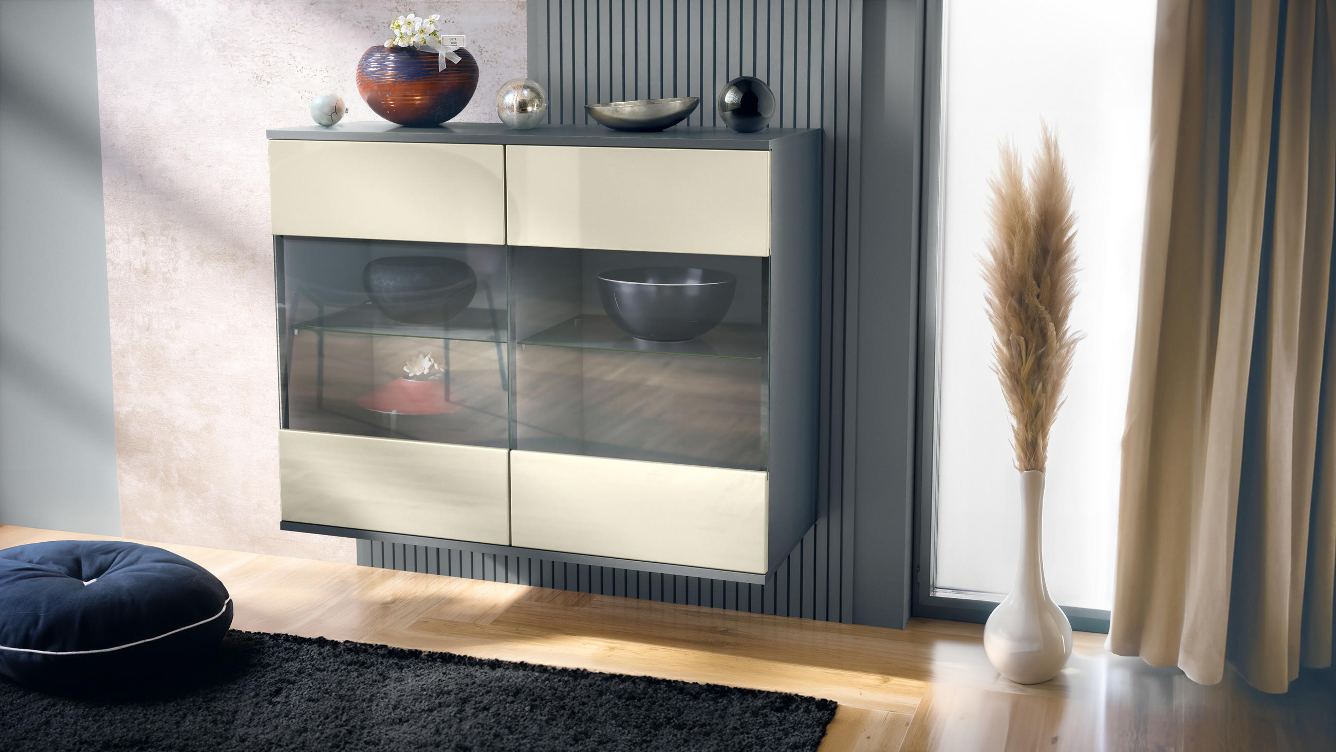 KOMMODE Bari Creme Hochglanz - Creme, Holzwerkstoff (92.5/73.5/35cm) - Vladon