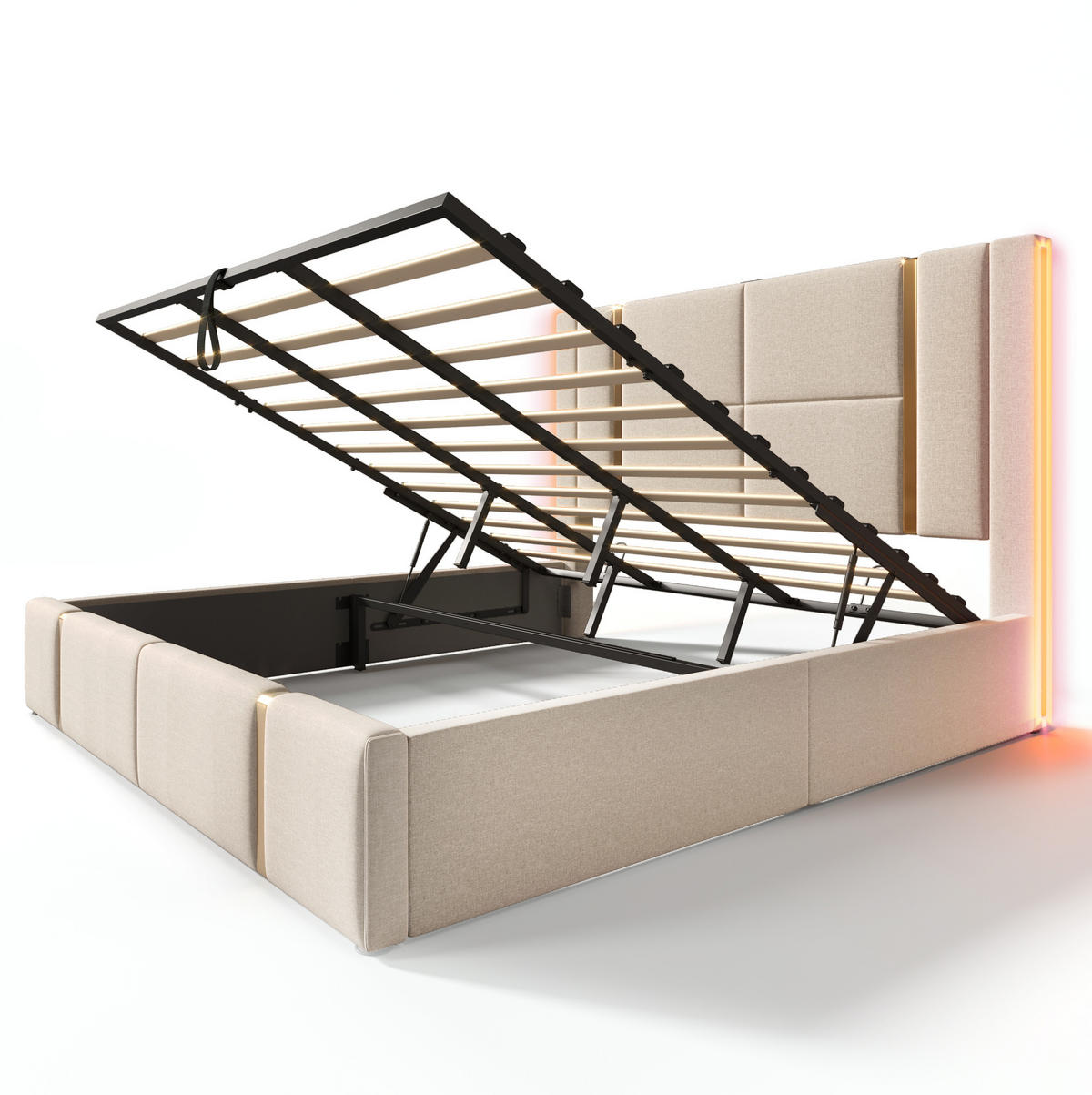 POLSTERBETT 180/200 cm Beige mit Stauraum, LED-Beleuchtung und USB- und Type-C-Anschlüssen - Beige, Textil (180/200cm) - Flora Grace