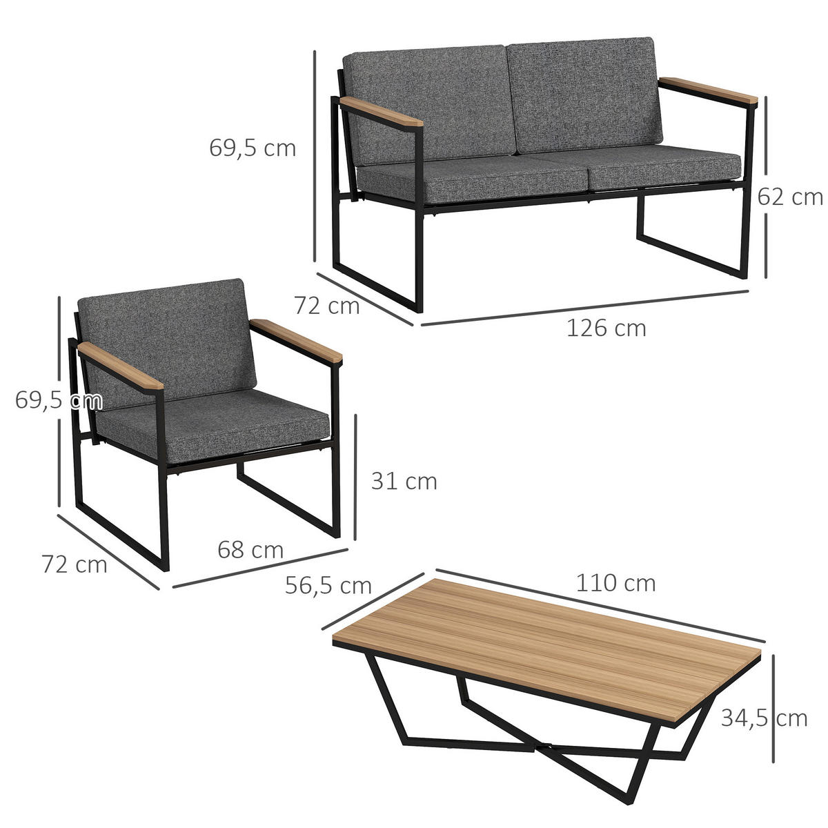 GARTENMÖBEL SET DE-06485 wetterfest, 2er Sofa, 2 Stühle, Beistelltisch Grau - Grau, Textil/Metall - ComfortXL