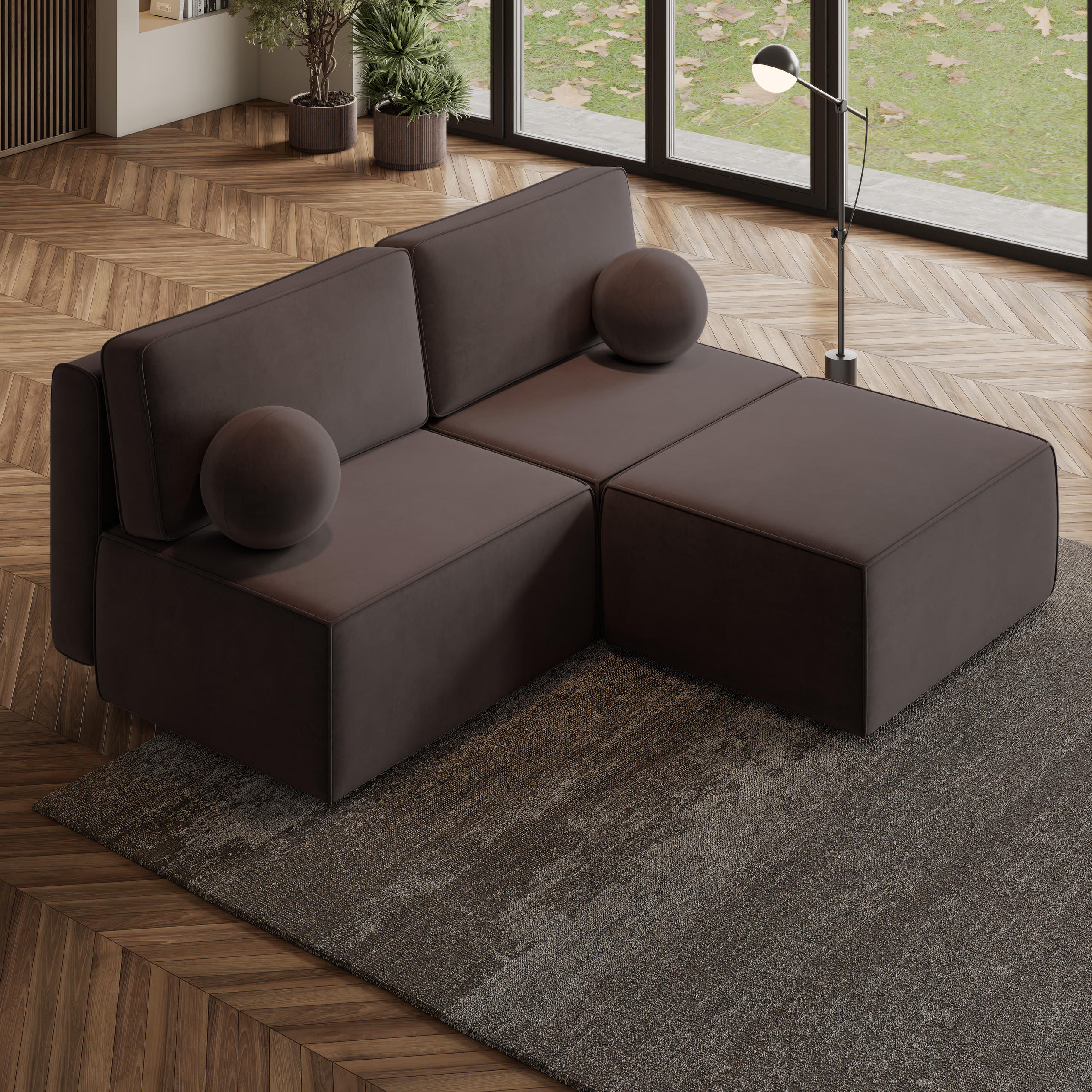ECKSOFA VARNA M Braun Velours-Stoff mit Schlaffunktion - Braun, Holz (196/158cm) - MASSENO