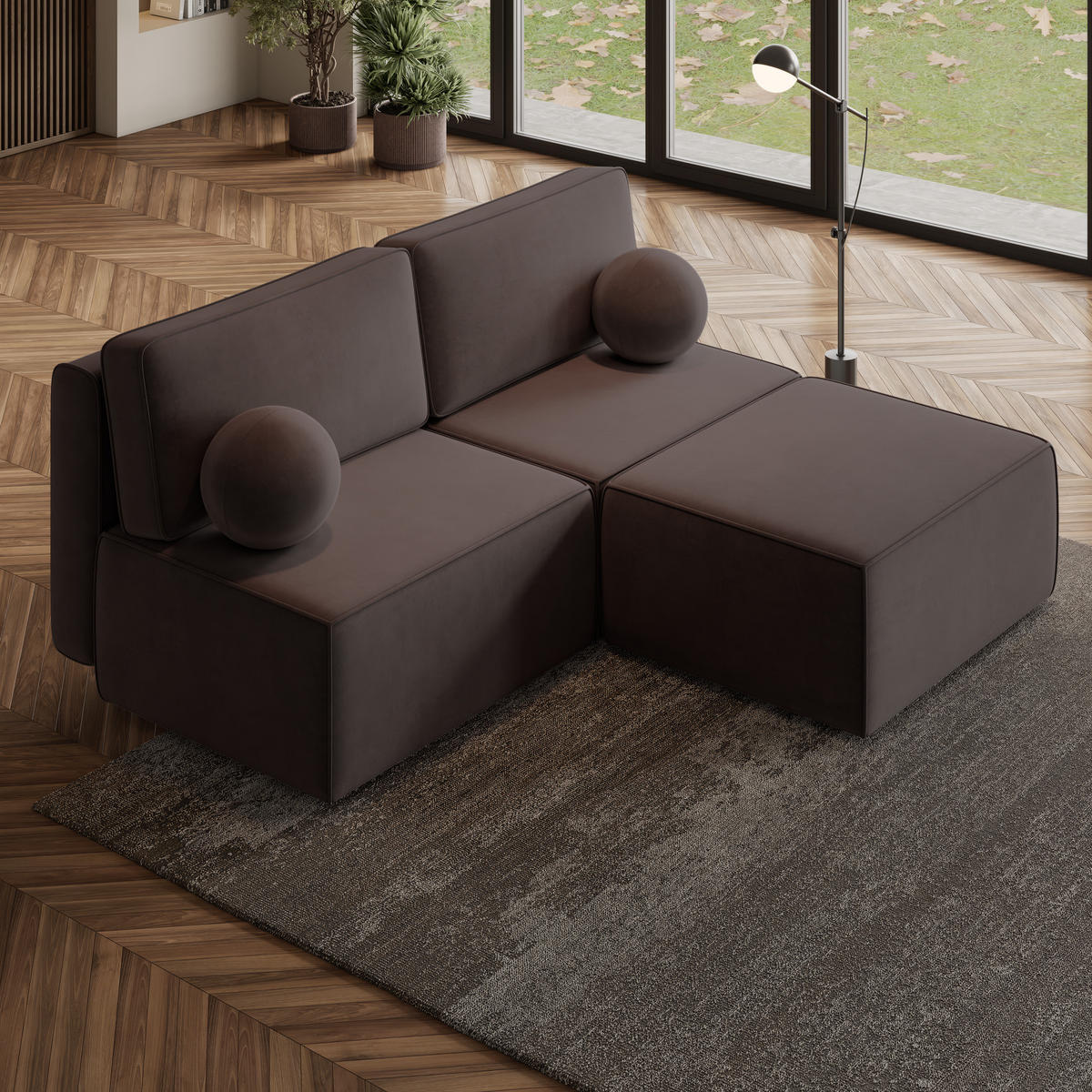 ECKSOFA VARNA M Braun Velours-Stoff mit Schlaffunktion - Braun, Holz (196/158cm) - MASSENO
