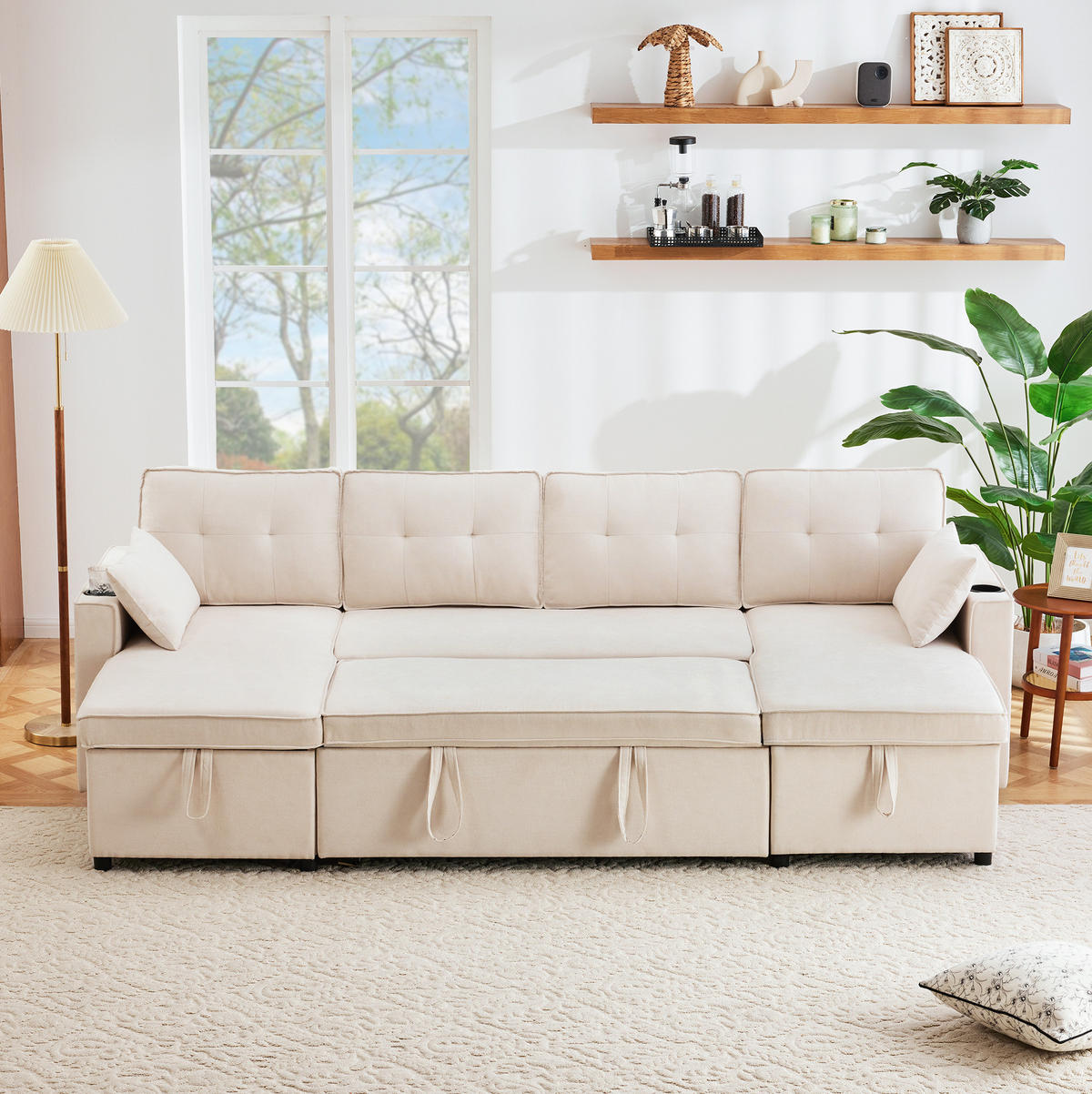 SCHLAFSOFA U-Form, Baumwoll-Leinenstoff mit Stauraum & Getränkehaltern, 270/130/86 cm, Beige - Beige, Textil (130/86/270cm) - Redom
