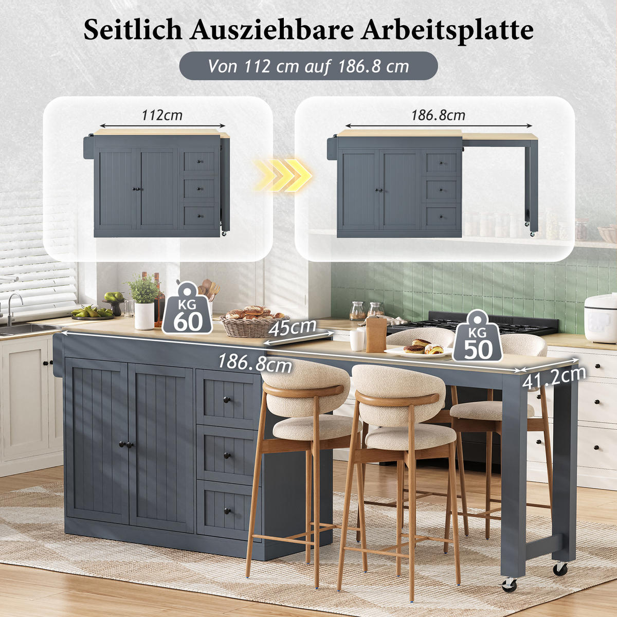 KÜCHENINSEL auf Rollen mit Gewürzregal und Schubladen, Grau - Grau, Holzwerkstoff (130/93/45cm)