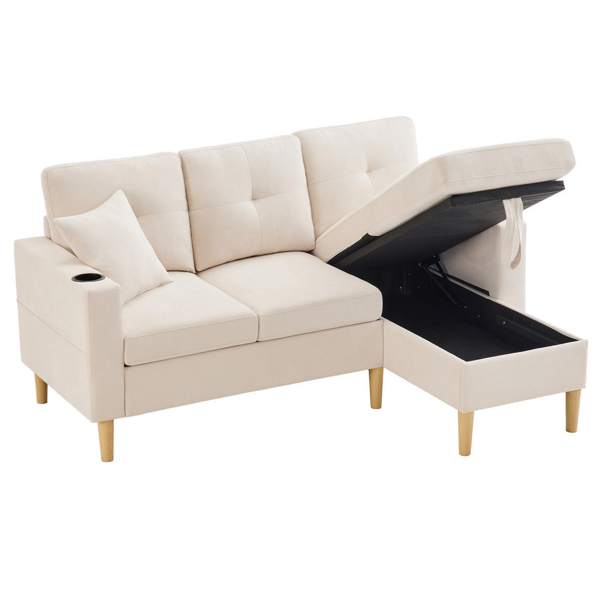 ECKSOFA L-Form Baumwoll-Leinen mit Stauraum und Getränkehaltern 175/129/90 cm Beige - Beige, Textil (175/129cm) - Redom