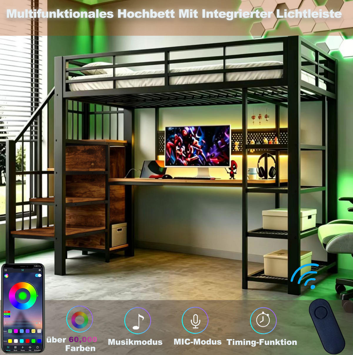 HOCHBETT 90/200 cm aus Metall und Holz mit Treppe Schreibtisch und LED-Beleuchtung Schwarz - Schwarz, Metall (90/200cm) - Modenvie