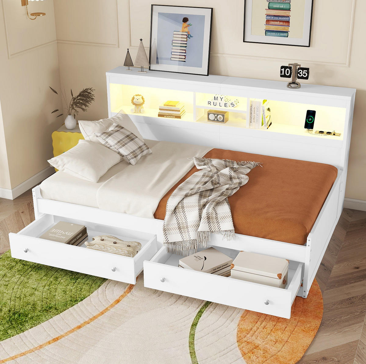 POLSTERBETT 90/200 cm Weiß mit LED-Beleuchtung und USB-Anschlüssen - Weiß, Holzwerkstoff (90/200cm) - Flora Grace