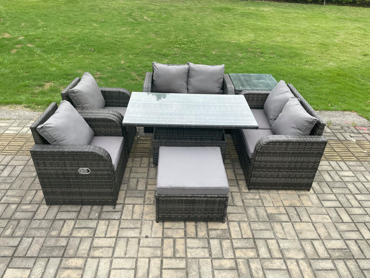 GARTENTISCHGRUPPE Polyrattan 7-Sitzer - Dunkelgrau/Grau, Glas/Kunststoff - Fimous