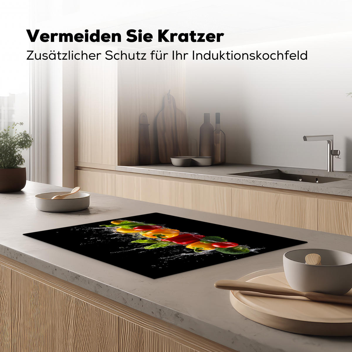 HERDABDECKPLATTE Paprika - Wasser - Gemüse - Schwarz Herdabdeckung Induktionsfeld 70x52 cm - Multicolor, Kunststoff (70/52/0.2cm) - MuchoWow