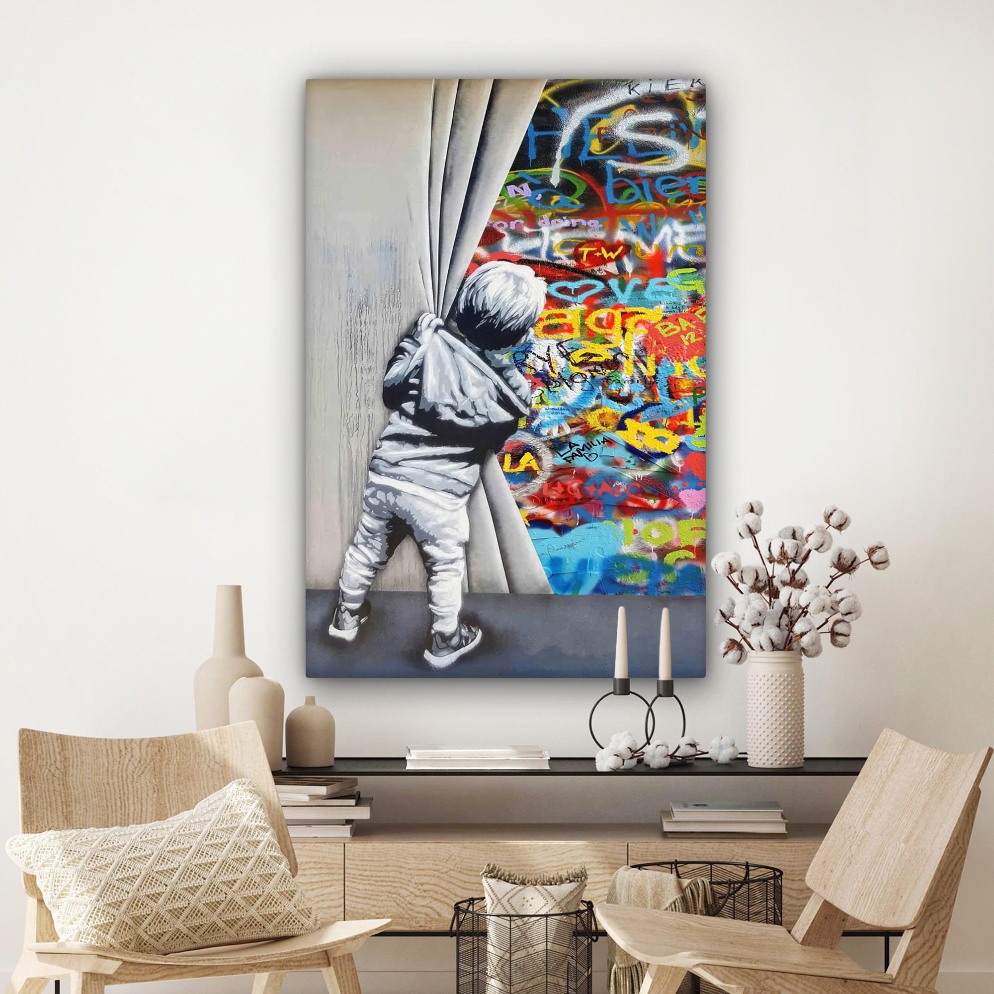 LEINWANDBILD Graffiti - Junge - Ilussie - Straßenkunst 90x140 cm - Hellgrau, Textil (90/140cm) - MuchoWow