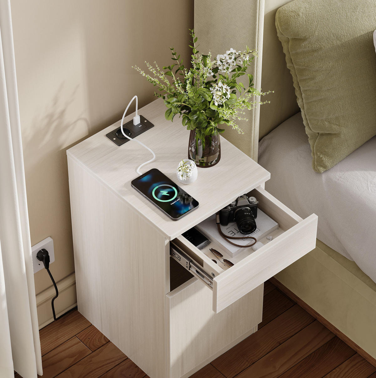 NACHTTISCH aus MDF 40x33x61,5 cm Weiß mit USB, USB-C, Steckdose, Schublade und Mülleimer - Weiß, Holzwerkstoff (33/61.5/40cm) - Modfu