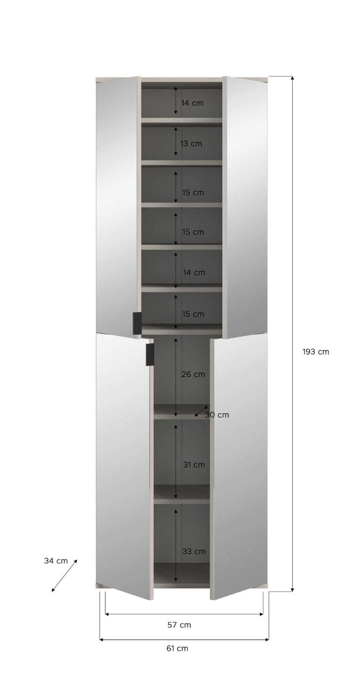 GARDEROBENSCHRANK in Kaschmir 61 x 193 cm, Flurschrank mit Spiegel - Kaschmir/Schwarz, Glas/Holzwerkstoff (61/193/34cm) - Inn.Furn