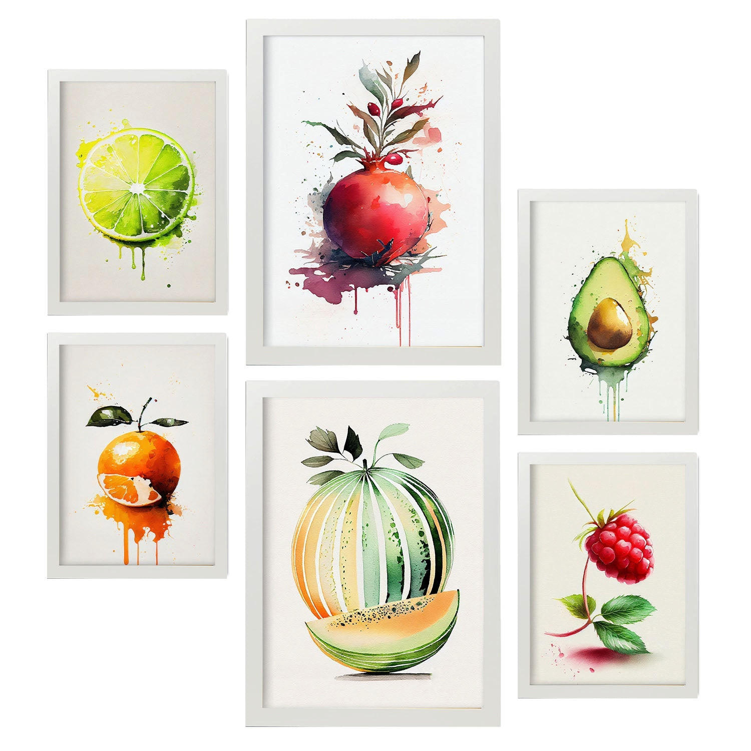 POSTER Set Mit 6 Sommerfrüchte Plakate Von Obst, Gemüse & Gesunden Lebensmitteln Im Aquarell Kunst Auf Reinweißen Hintergründen A3 & A4 Weißer Rahmen - Weiß, Papier (29/3cm) - Nacnic