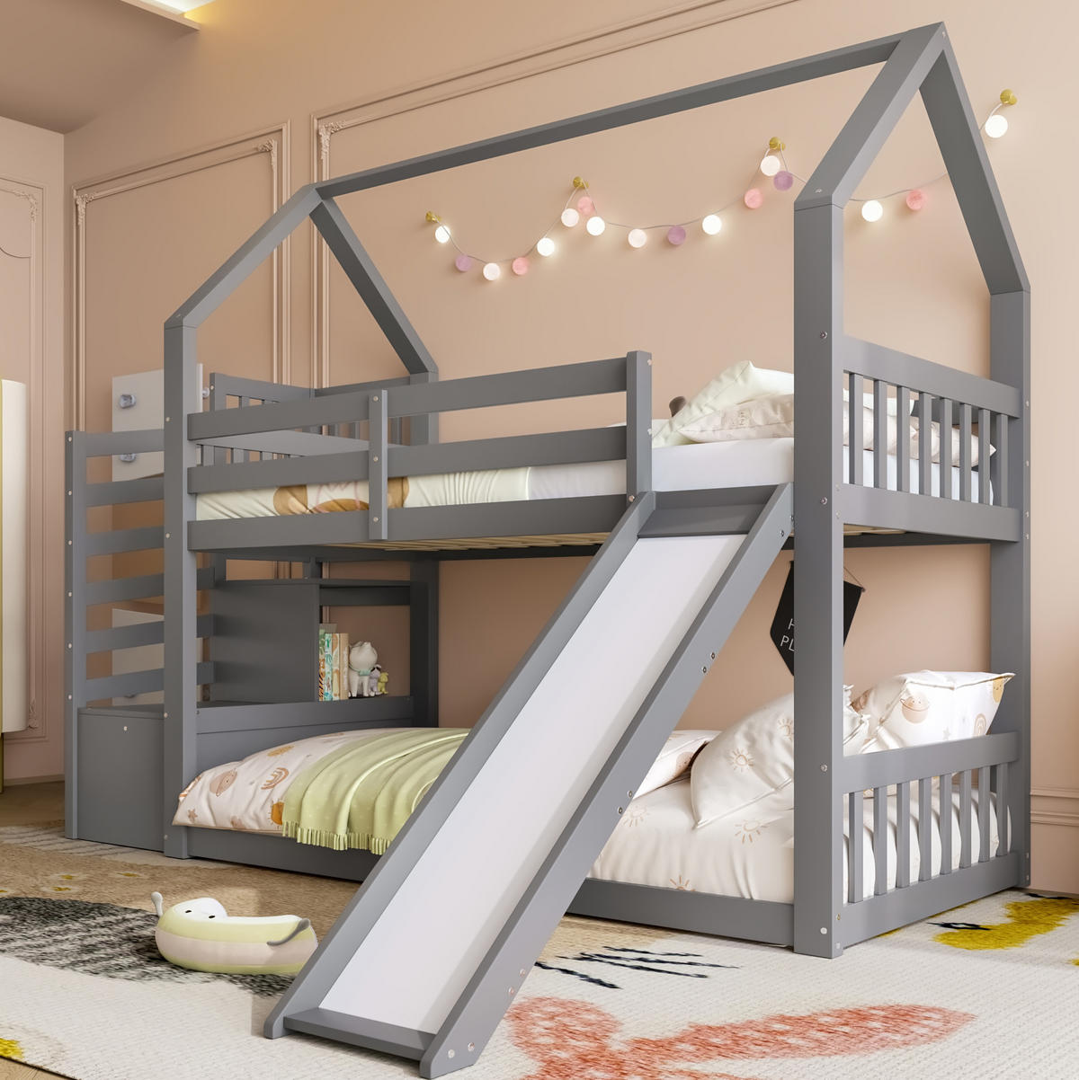 ETAGENBETT 90/200 cm mit Stauraumtreppe, Rutsche und Geländer aus Kiefernholz und MDF, Grau - Grau, Holz (90/200cm) - Redom