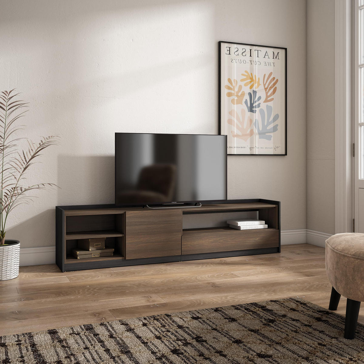 TV-SCHRANK, Lowboard, Dunkler Eiche und Schwarz, 207/37/50cm - Dunkelbraun, Holzwerkstoff (207/50/37cm) - Skraut Home