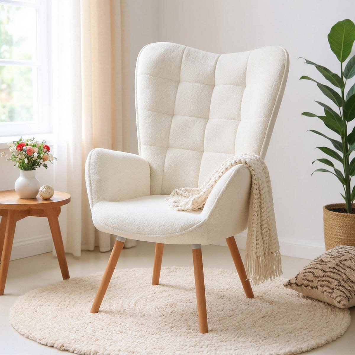 OHRENSESSEL Beine aus Massivholz Bezug aus Schlingenstoff - Beige, Holz/Textil (69/104/74cm) - Meubles Cosy