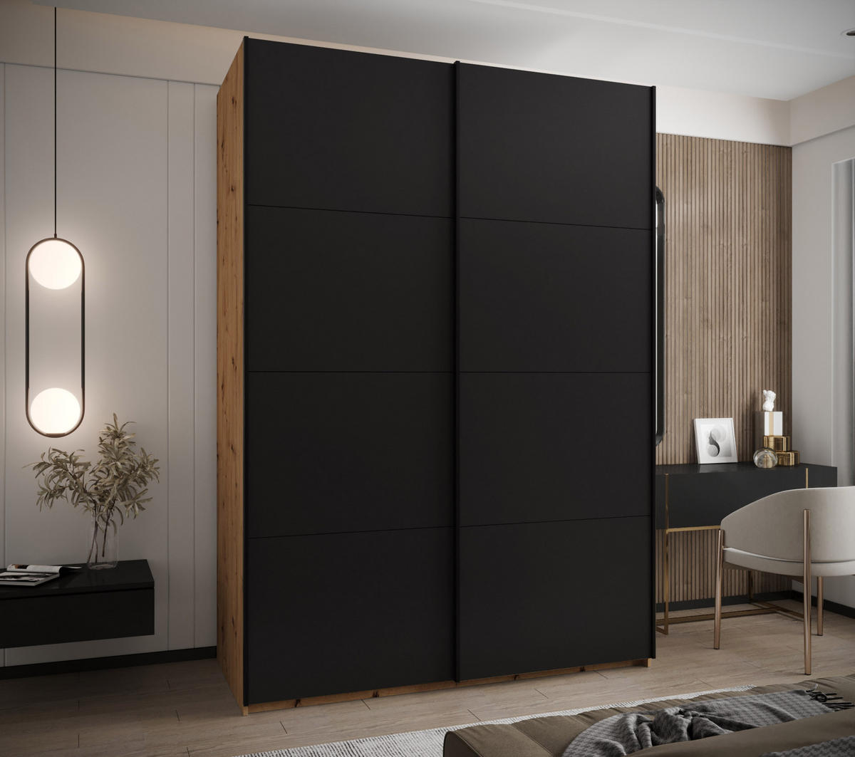 SCHWEBETÜRENSCHRANK 245,5/180/64 2-türig - Schwarz/Eiche Artisan, Holz/Metall (180/245/64cm) - Abiks Möbel