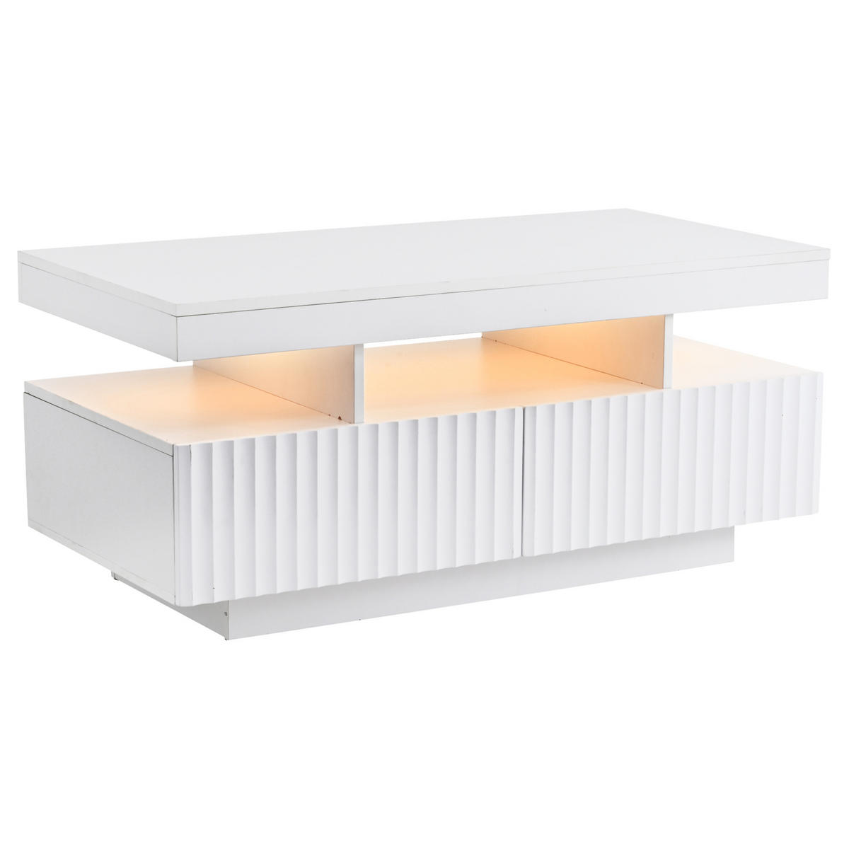 COUCHTISCH 100/50/45 cm mit 2 Schubladen, LED-Beleuchtung und offener Ablage aus Spanplatte, Weiß - Weiß, Holzwerkstoff (100/50/45cm) - Modfu