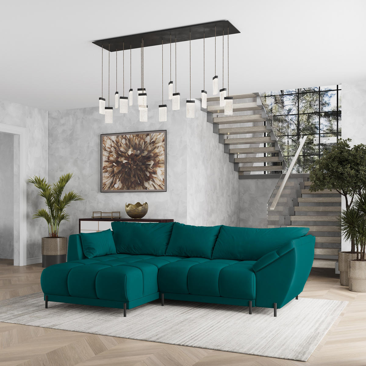 ECKSOFA VESTANO L-S Blau Velours-Stoff mit Schlaffunktion - Blau, Holz (287/182cm) - MASSENO