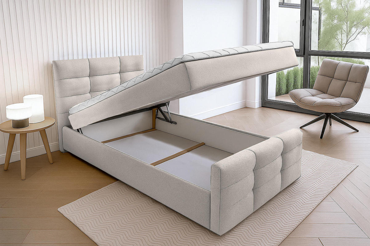 BOXBETT ARGENTARO 120x200 cm mit Bettkasten und Matratze - Beige - Beige/Schwarz, Holz/Holzwerkstoff (120/200cm) - AX Living