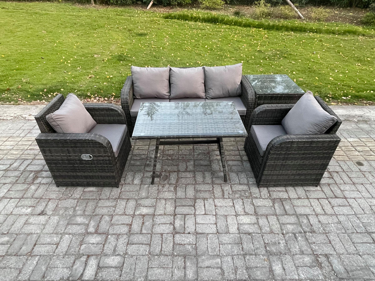 GARTENMÖBEL SET mit COUCHTISCH Polyrattan Dunkelgrau 5-Sitzer - Dunkelgrau/Grau, Glas/Kunststoff - Fimous