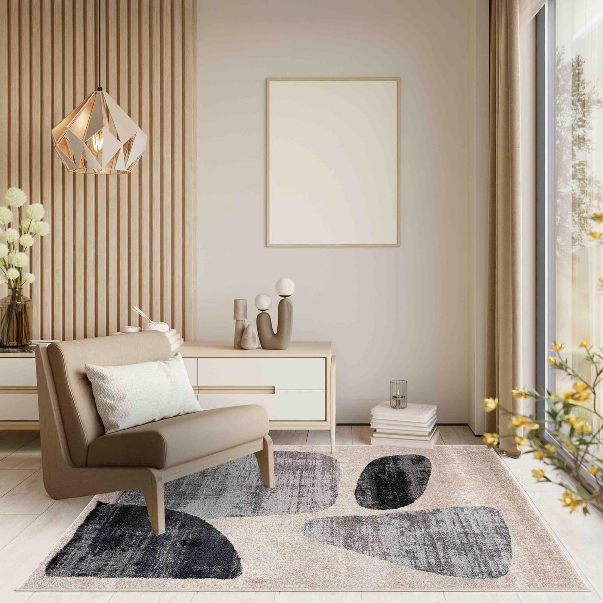 TEPPICH Beige Geometrisch In-Outdoor Pflanzlich Kurzflor Rechteckig 120 x 170 cm - Dunkelgrau/Beige, Textil (120/170cm) - Mazovia