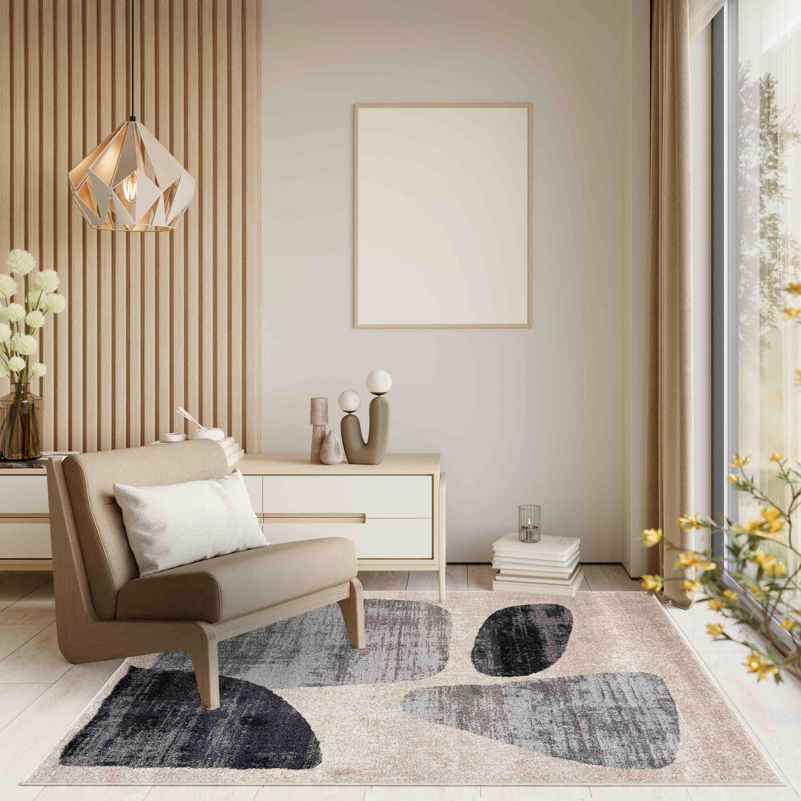 Thumbnail - Mazovia Teppich, Dunkelgrau, Beige, Textil, Abstrakt, Rechteckig, 80x150 cm, Oeko-Tex® Standard 100, für Fußbodenheizung...