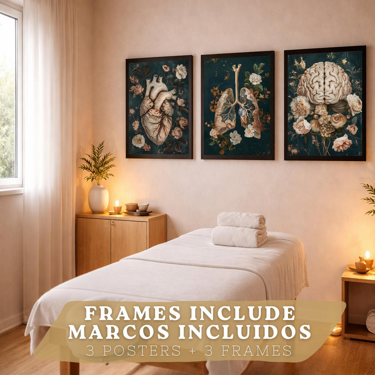 POSTER Set aus 3 Anatomie Drucke und Dekorative Wandbilder mit Herz Gehirn Lungen Atmungssystem Florales Grün Gold Design Größe Schwarzer Rahmen A3 - Schwarz, Papier (29.7/42/3cm) - Nacnic