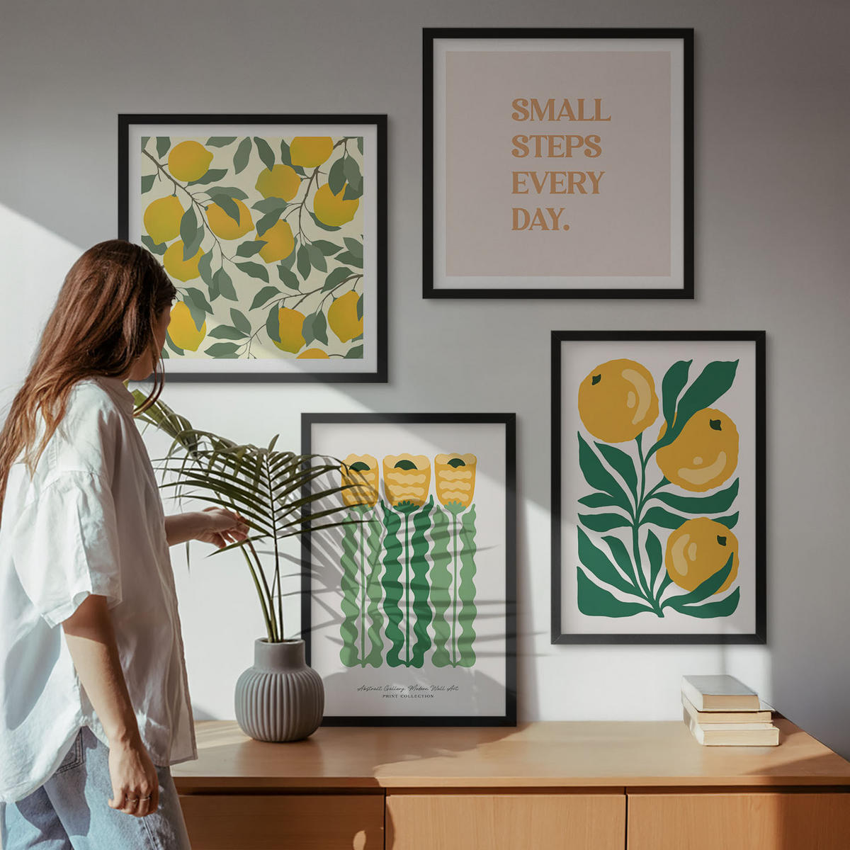 BILDER SET 4er Set - 50x50 cm & 40x60 cm Schwarzer Rahmen - Pflanzenmuster mit Blumen - Schwarz, Kunststoff (50/50cm) - TULUP