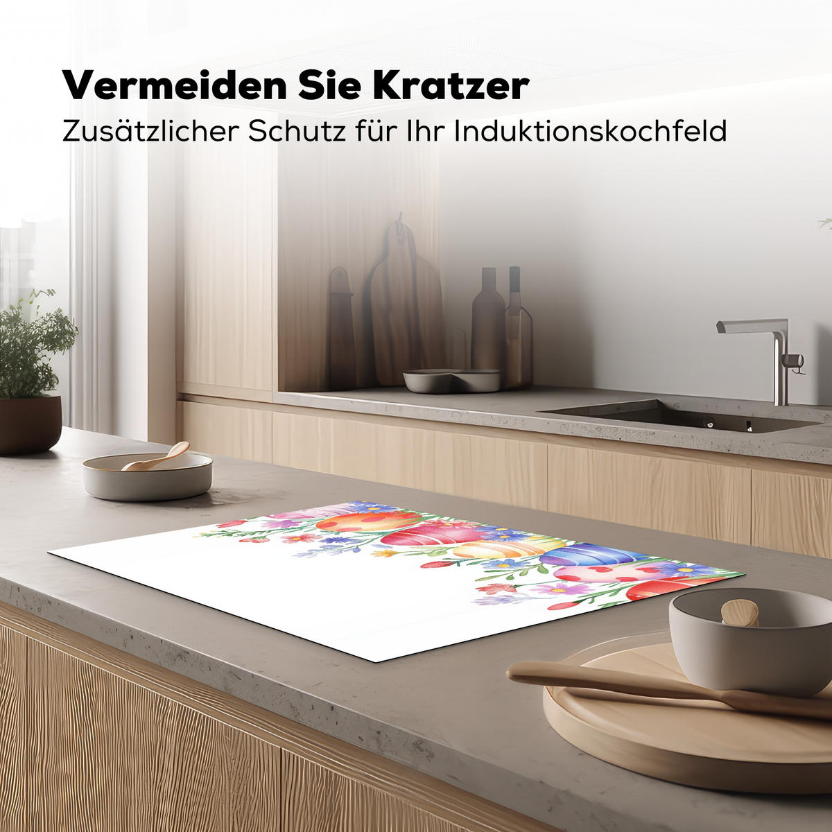 HERDABDECKPLATTE Blumengarten - Bunt - Eier Herdabdeckung Induktionsfeld 75x52 cm - Weiß, Kunststoff (75/52/0.2cm) - MuchoWow