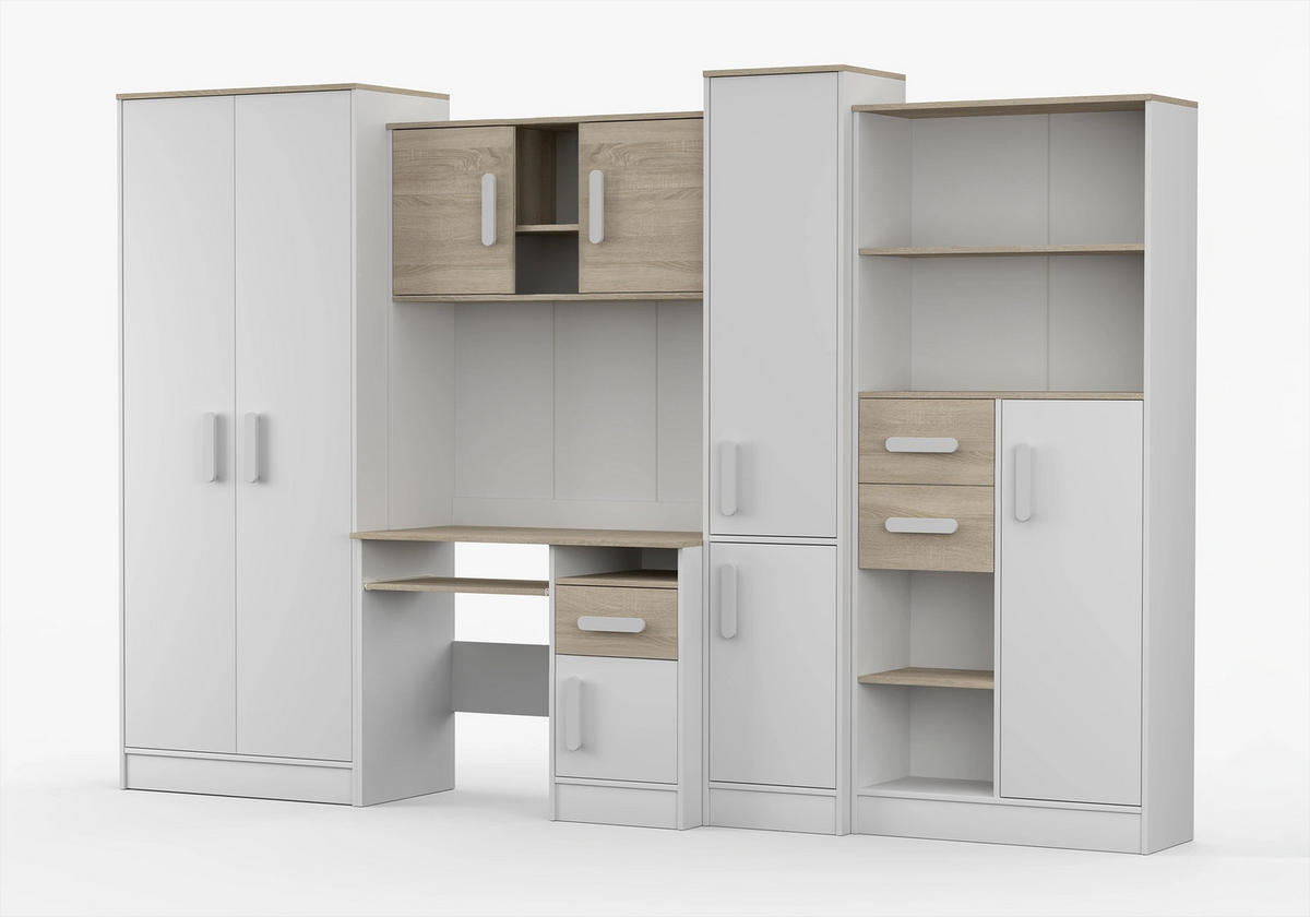 JUGENDZIMMER Wohnwand Colorino in Weiß und Eiche Sonoma – mit weißen Griffen 5 teilig - Kinderzimmer Komplett - Weiß, Holzwerkstoff (80/200/120cm)